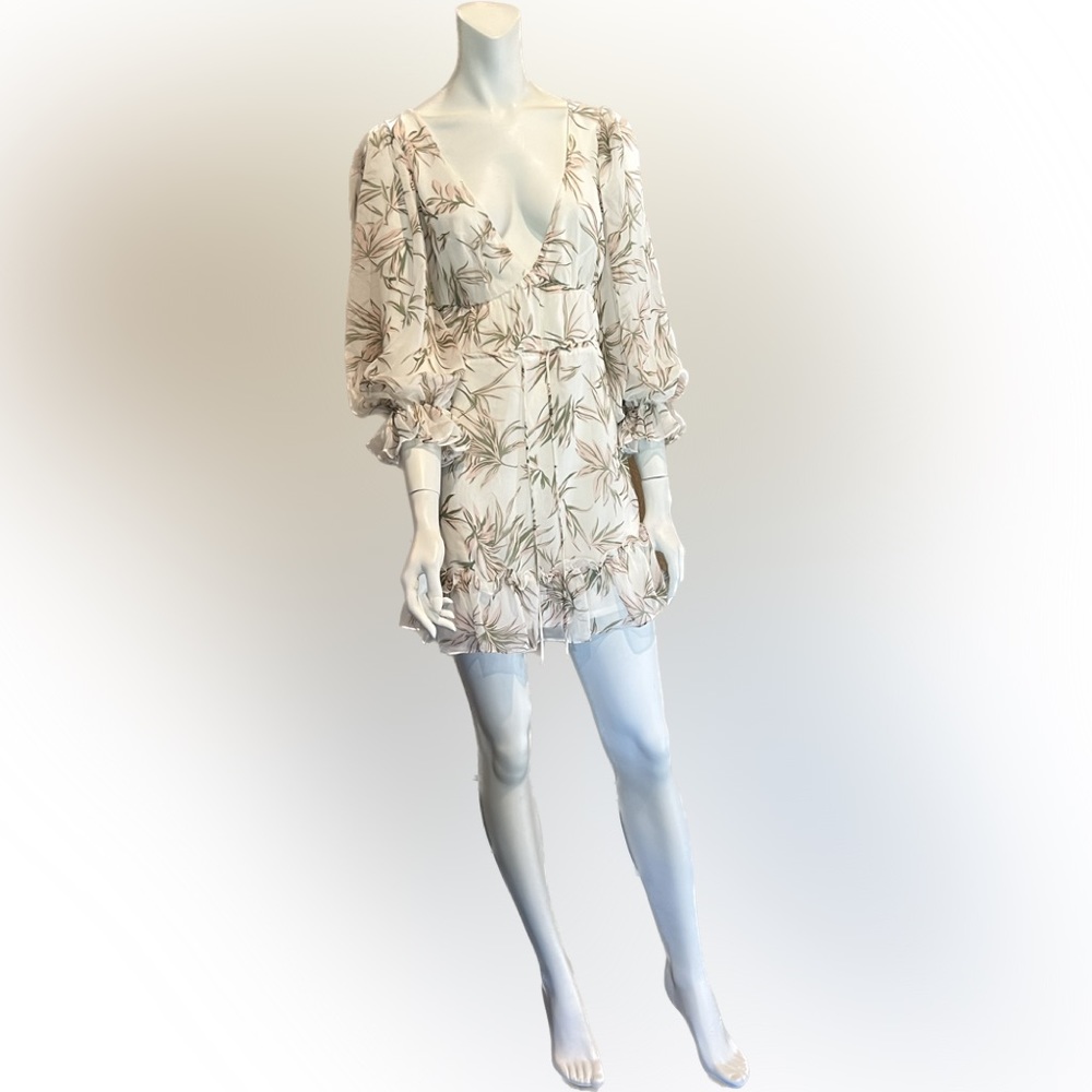 MariBella Ariana Tunic Dress Tropical Sheer Chiffon Ruffle Puff Sleeves SZ S